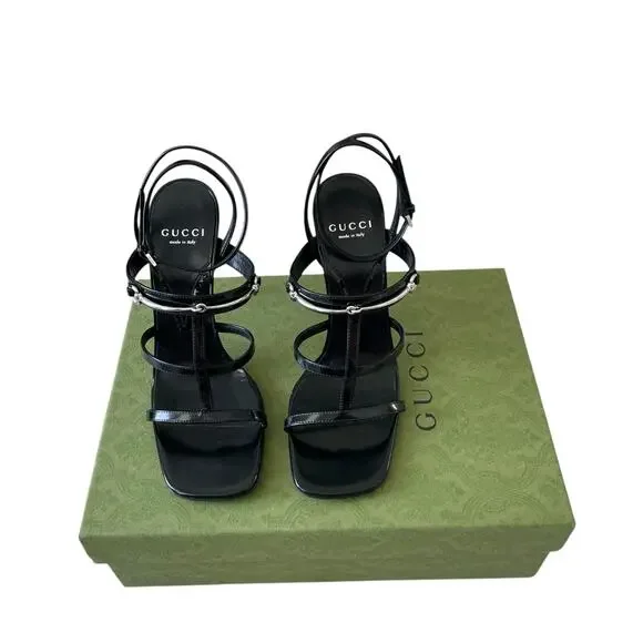 GUCCI Women's Horsebit Caged T Strap High Heel Sandals Black Silver 37.5 US 7.5 - Picture 13 of 16